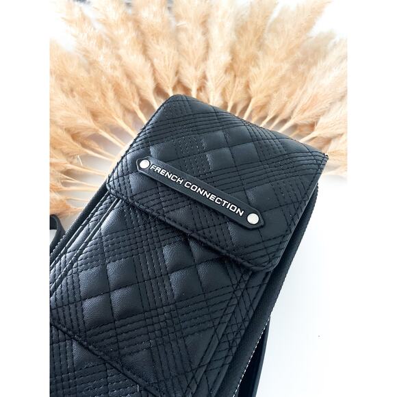 French Connection Black Quilted Crossbody Bag Faux Leather Wallet Phone Holder - Picture 2 of 10